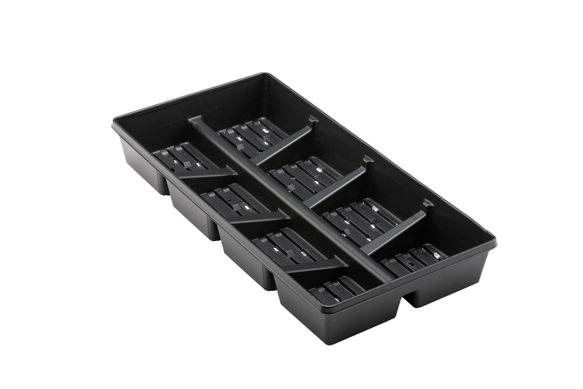 Black planting flat for up to eight pots with drainage.