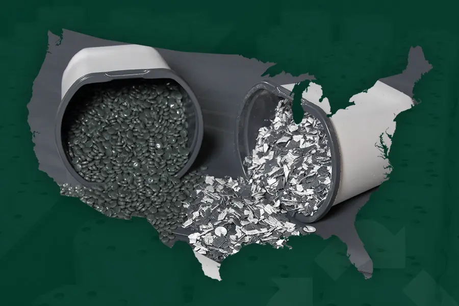 Spilled containers of gray plastic pellets and silver metallic flakes over a map outline of the United States, with a dark green industrial-themed background.